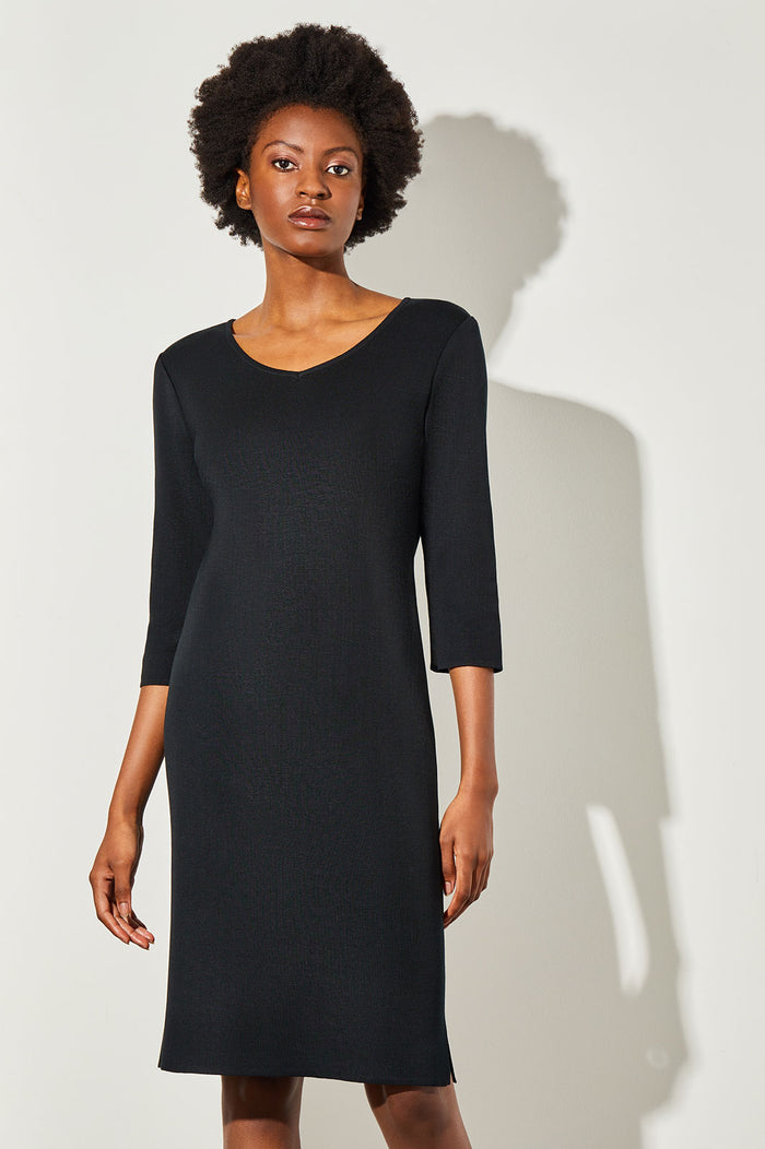 3/4 Sleeve V-Neck Knit Dress, Black | Ming Wang