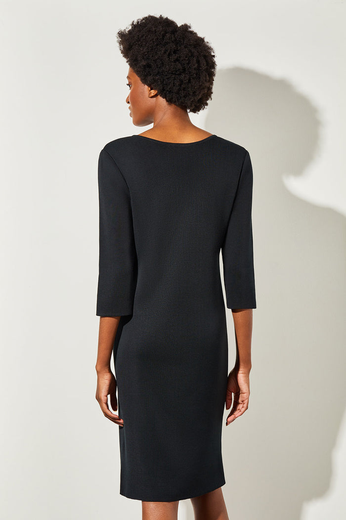 3/4 Sleeve V-Neck Knit Dress, Black | Ming Wang