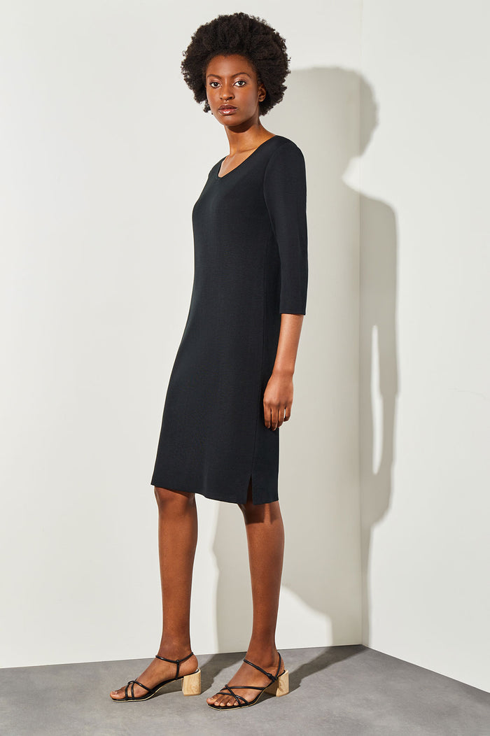 3/4 Sleeve V-Neck Knit Dress, Black | Ming Wang