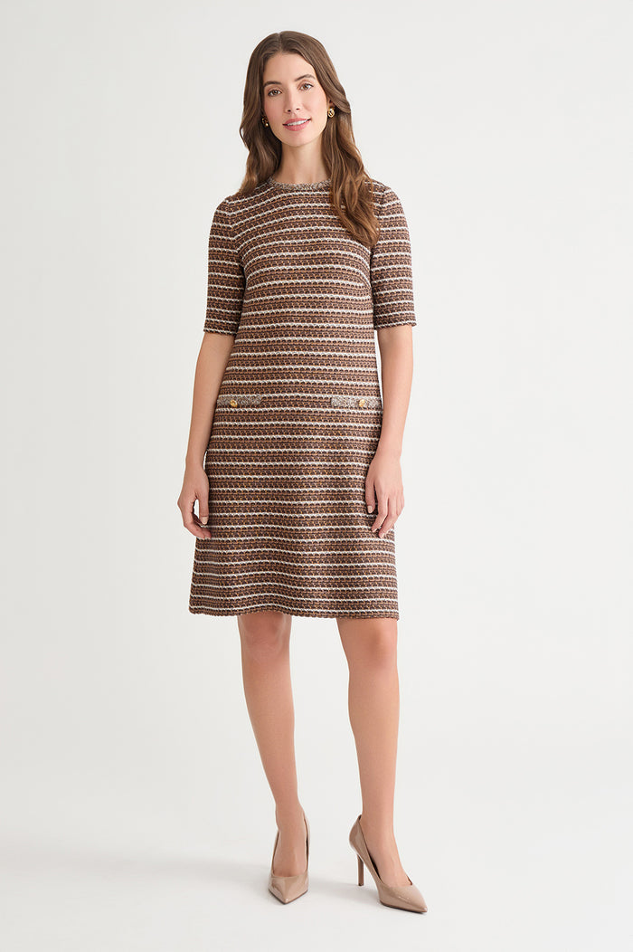 A-Line Braided Trim Knit Dress, Warm Taupe/Dark Umber/Ivory | Ming Wang