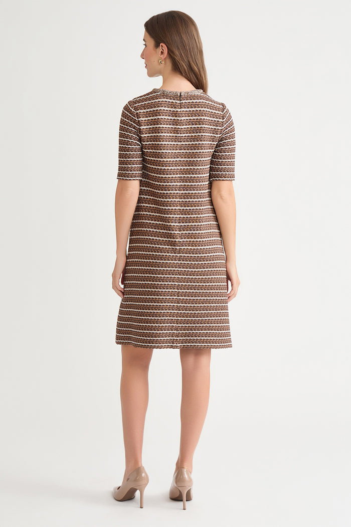 A-Line Braided Trim Knit Dress, Warm Taupe/Dark Umber/Ivory | Ming Wang