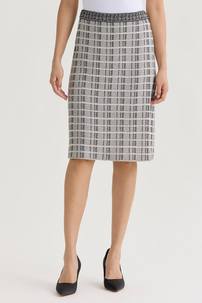 A-Line Contrast Stitch Tweed Knit Skirt, Limestone/Black/White | Ming Wang