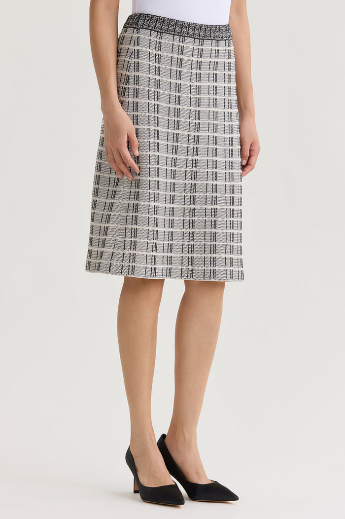 A-Line Contrast Stitch Tweed Knit Skirt, Limestone/Black/White | Ming Wang