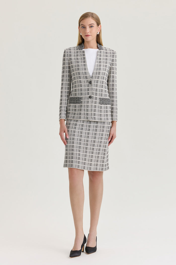 A-Line Contrast Stitch Tweed Knit Skirt, Limestone/Black/White | Ming Wang
