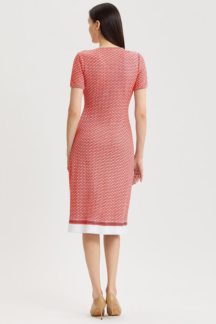 A-Line Textured Multi-Stitch Midi Dress, Sunkist Coral/White/Indigo | Ming Wang