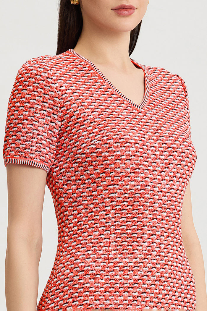 A-Line Textured Multi-Stitch Midi Dress, Sunkist Coral/White/Indigo | Ming Wang