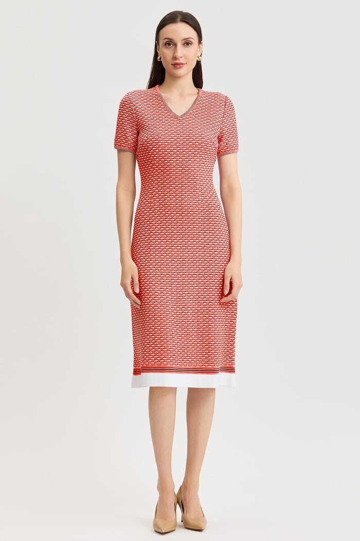 A-Line Textured Multi-Stitch Midi Dress, Sunkist Coral/White/Indigo | Ming Wang