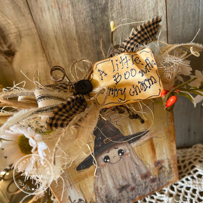 A Little Boo with Country Charm 5x5 Wood Block Decor - Primitive Halloween Shelf Sitter