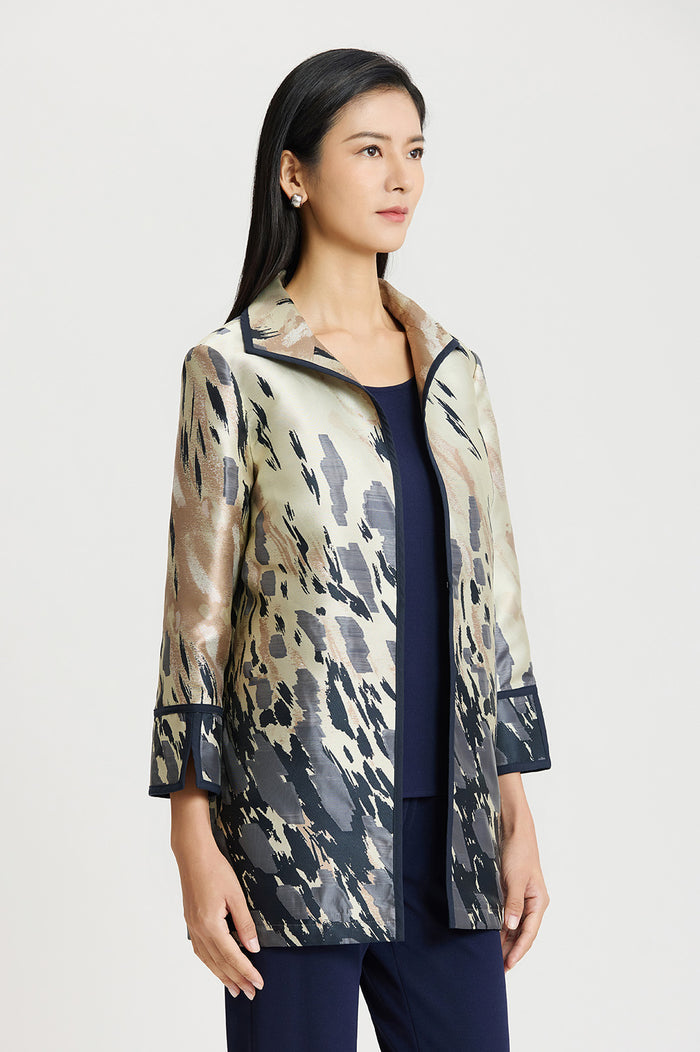 Abstract Animal Print Woven Jacket, Warm Taupe/Indigo/French Almond/Ivory | Ming Wang