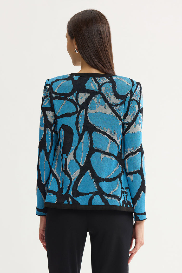 Abstract Jacquard Suede Trim Knit Jacket, Tranquil Blue/Lunar Rock/Black | Ming Wang