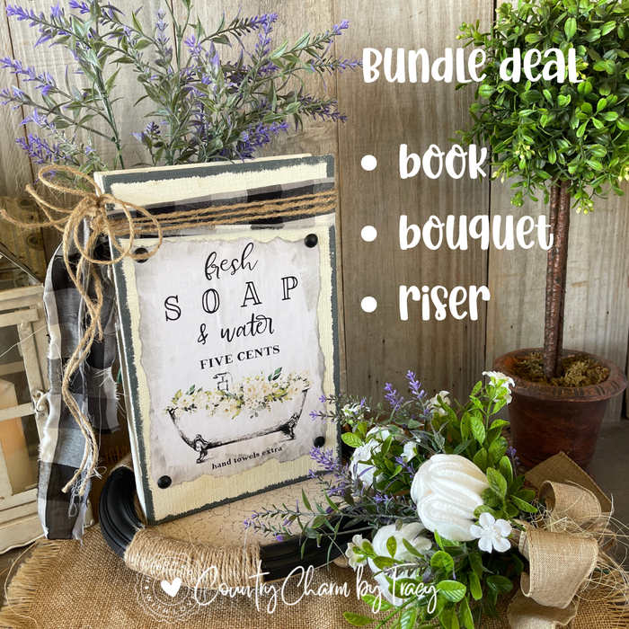 Bathroom Decor Bundle Faux Book, Floral Bouquet and Riser Set
