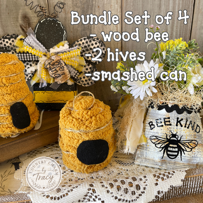 BEE Bundle Set of 4 - Wood Bee - Hives - Smashed Can Set