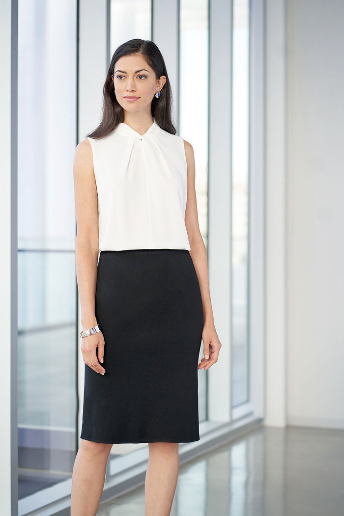 Below the Knee Straight Knit Skirt, Black | Ming Wang
