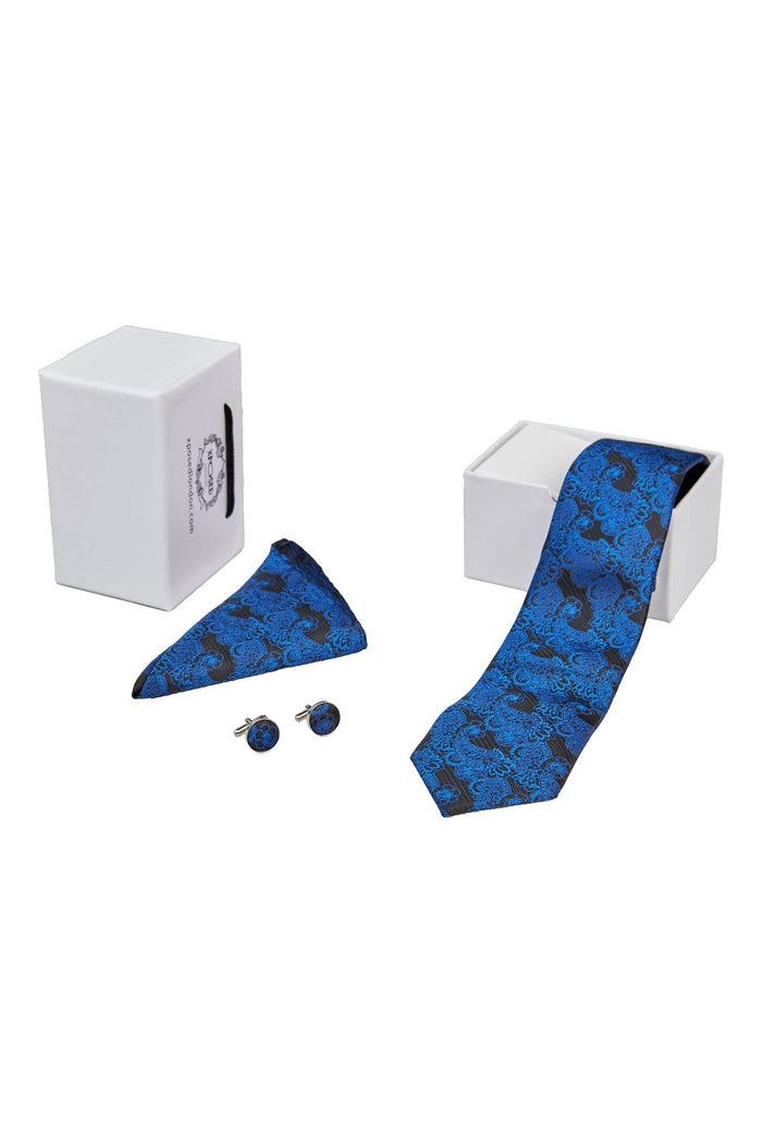 BLACK BLUE FLORAL PAISLEY NECK TIE SET