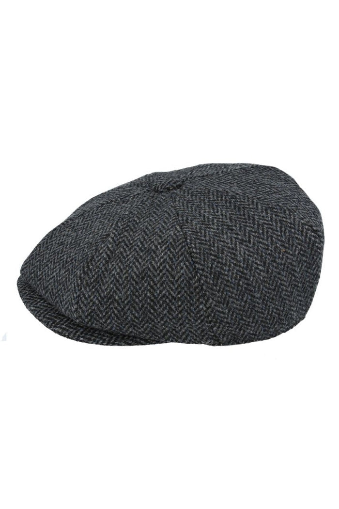 BLACK Gatsby Herringbone Wool Newsboy Flat Cap