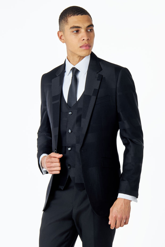 Men's Black Geo Pattern 4 Piece Suit Bundle – Jacket, Waistcoat, Trousers & Shirt