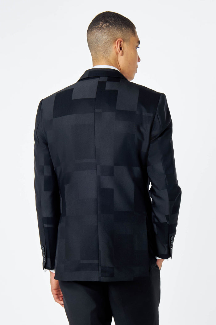 Men's Black Geo Pattern 4 Piece Suit Bundle – Jacket, Waistcoat, Trousers & Shirt