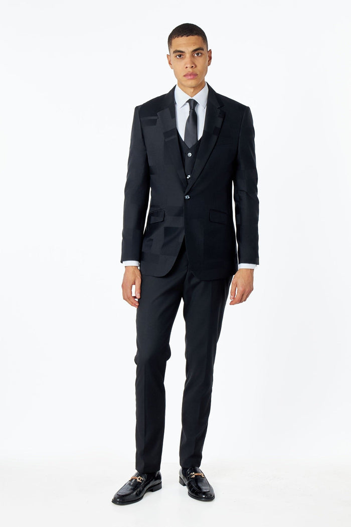 Men's Black Geo Pattern 4 Piece Suit Bundle – Jacket, Waistcoat, Trousers & Shirt