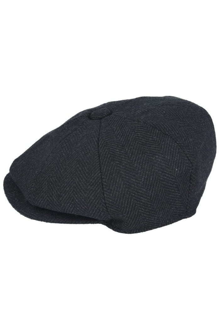 BLACK HERRINGBONE WOOL BLEND NEWSBOY FLAT CAP