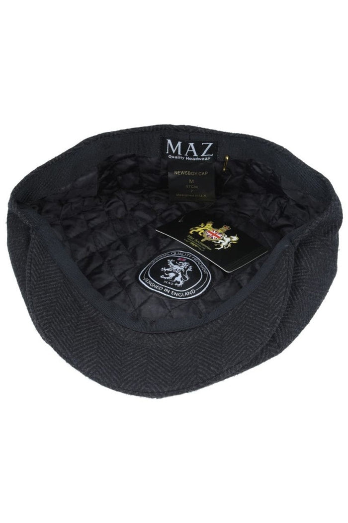 BLACK HERRINGBONE WOOL BLEND NEWSBOY FLAT CAP