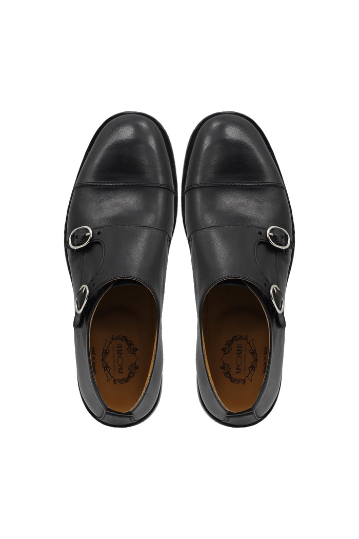 BLACK ITALIAN CALFSKIN DOUBLE BUCKLE MONK LOAFER