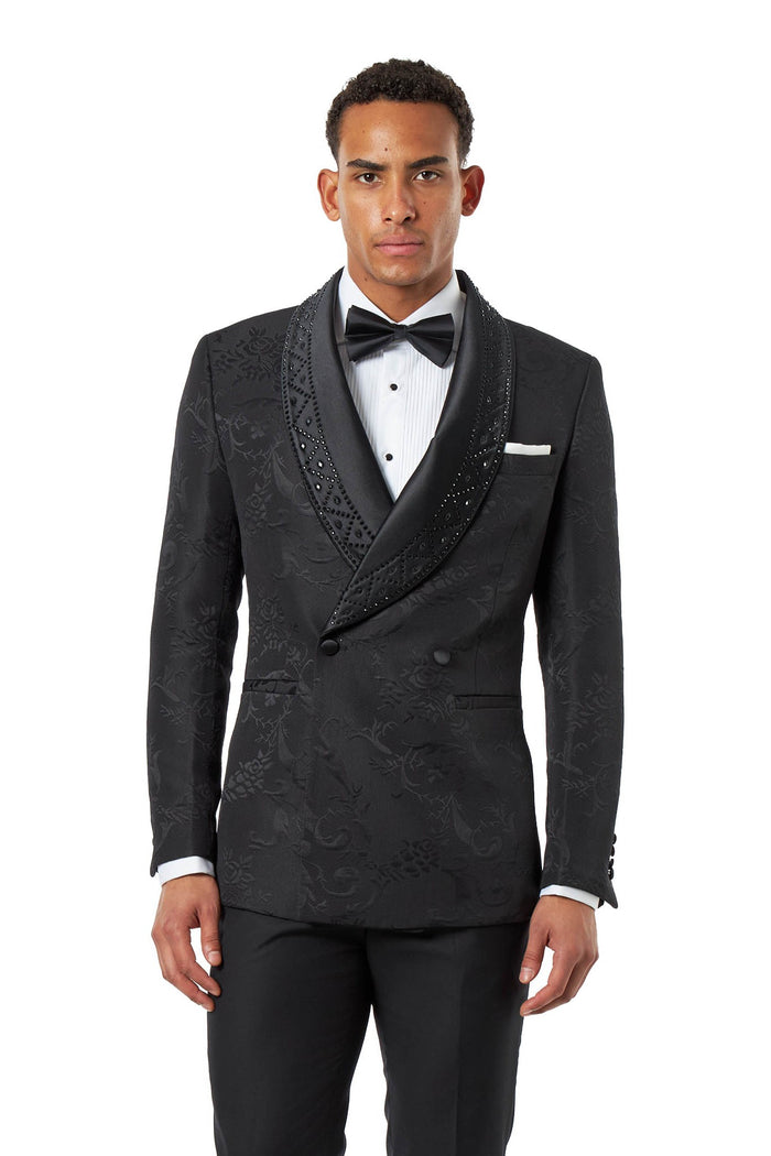 Black Jacquard Double-Breasted Tuxedo Wedding Suit