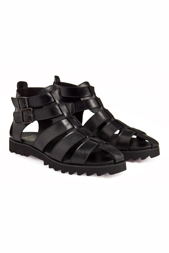 BLACK LEATHER CROSS STRAP SANDALS