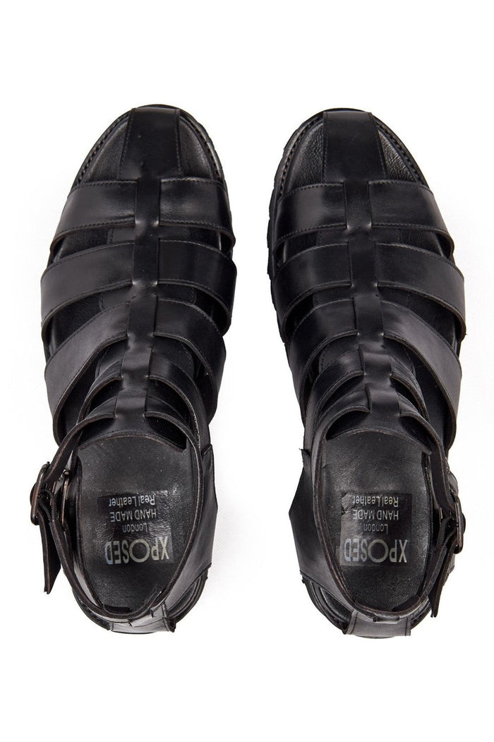 BLACK LEATHER CROSS STRAP SANDALS