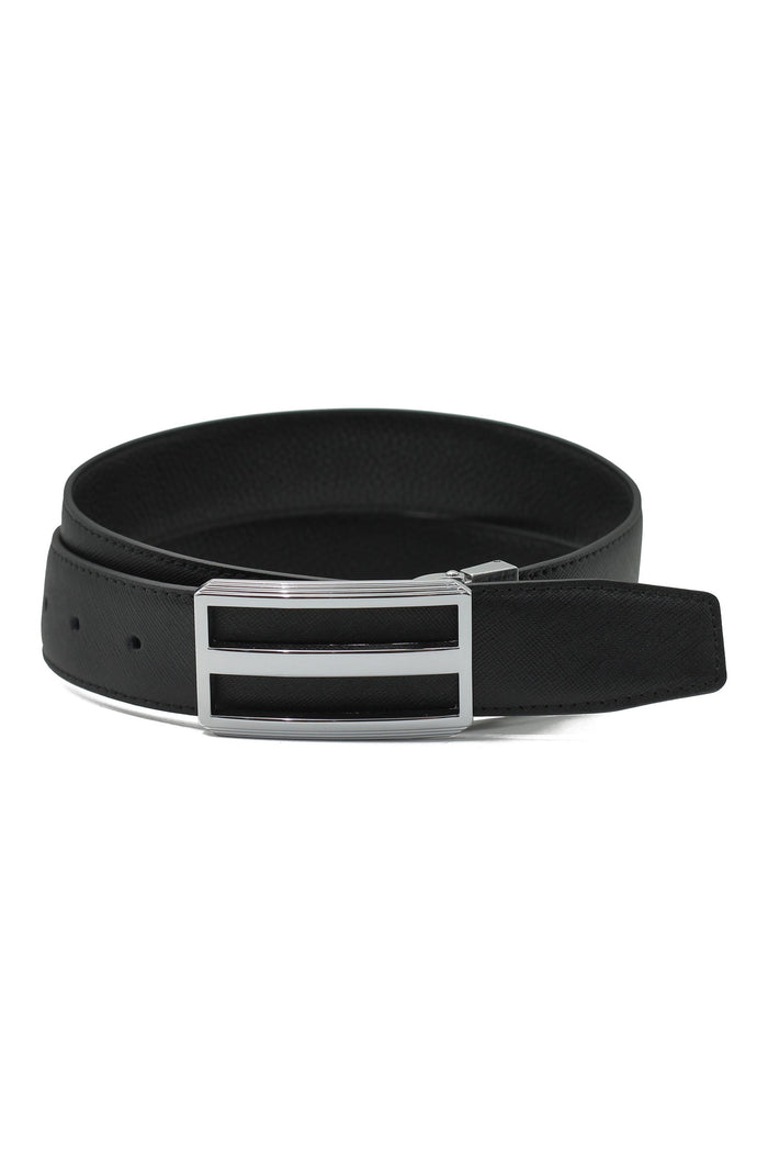 BLACK TEXTURED LEATHER PIN BUCKLE REVERSIBLE BELT