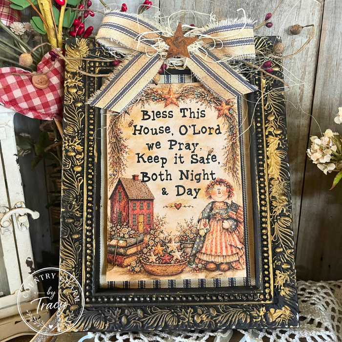 Bless This House America Annie - 5x7 Framed Primitive Art Decor - Handcrafted Shelf Sitter