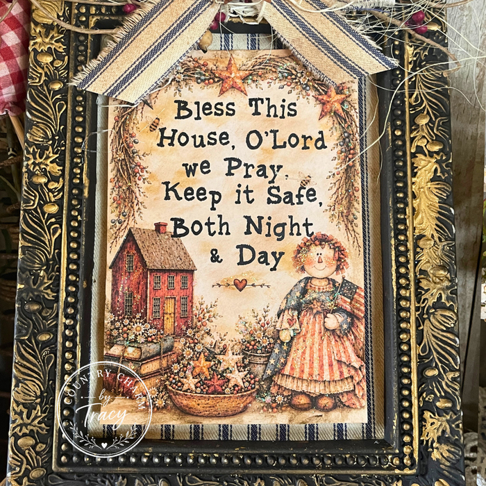Bless This House America Annie - 5x7 Framed Primitive Art Decor - Handcrafted Shelf Sitter