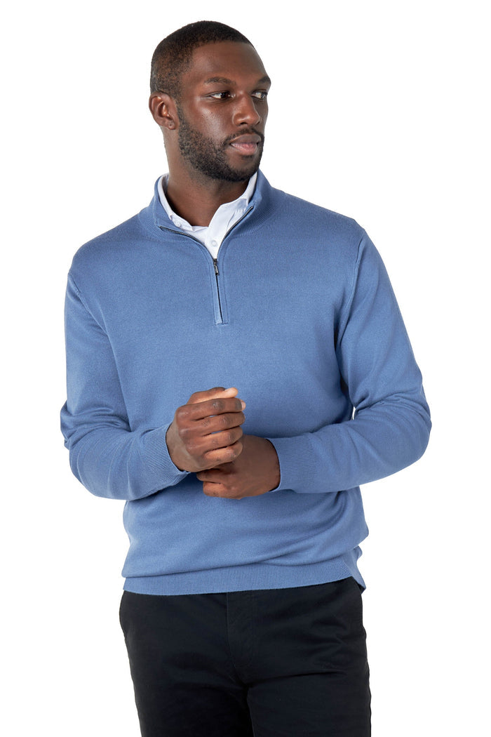 BLUE 100% COTTON KNIT ZIP NECK JUMPER