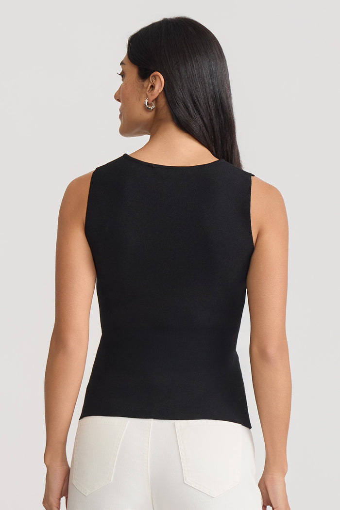 Boat Neck Soft Knit Ribbed Tank, Black, Black | Ming Wang