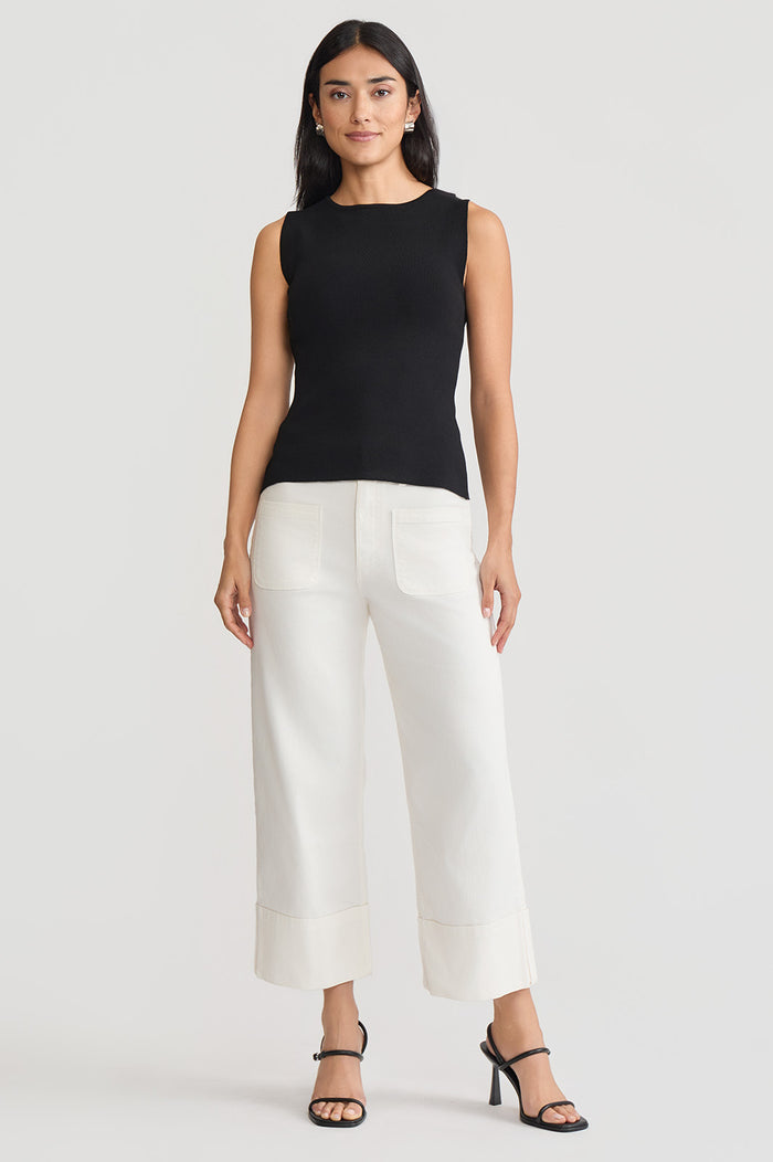 Boat Neck Soft Knit Ribbed Tank, Black, Black | Ming Wang