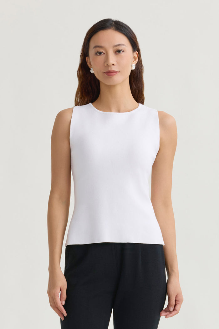 Boat Neck Soft Knit Ribbed Tank, White, White | Ming Wang