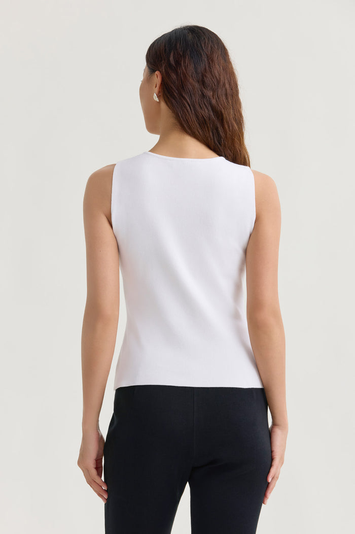 Boat Neck Soft Knit Ribbed Tank, White, White | Ming Wang