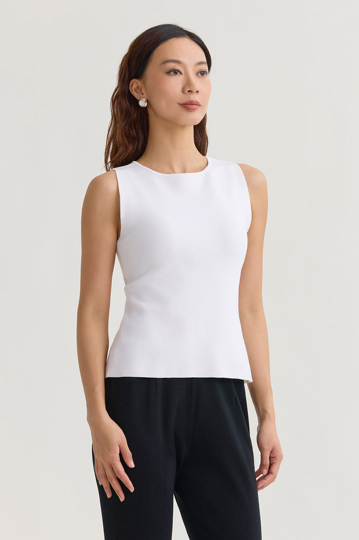 Boat Neck Soft Knit Ribbed Tank, White, White | Ming Wang