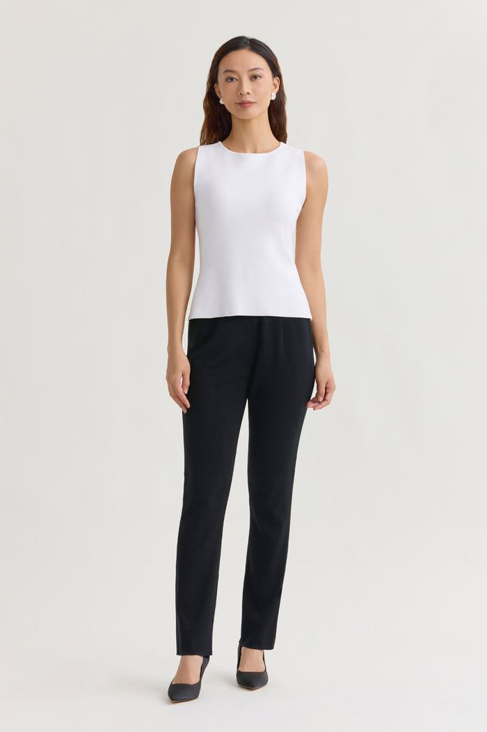 Boat Neck Soft Knit Ribbed Tank, White, White | Ming Wang