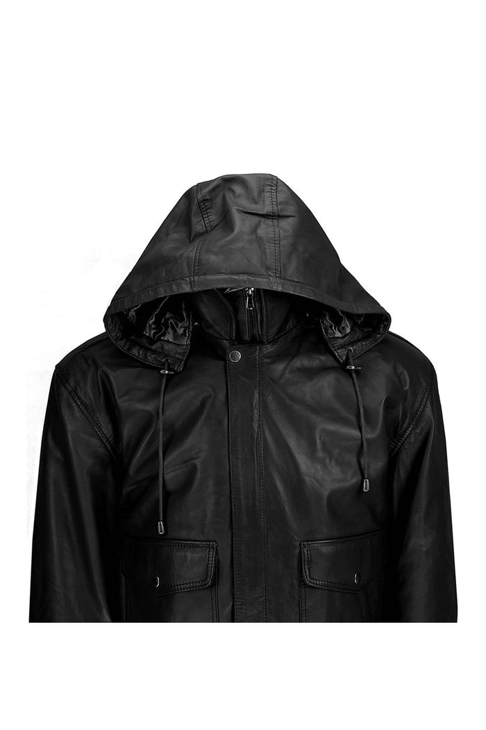 BOMBER FUR COLLAR LEATHER JACKET WITH HOOD