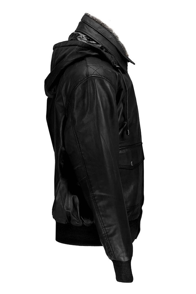 BOMBER FUR COLLAR LEATHER JACKET WITH HOOD