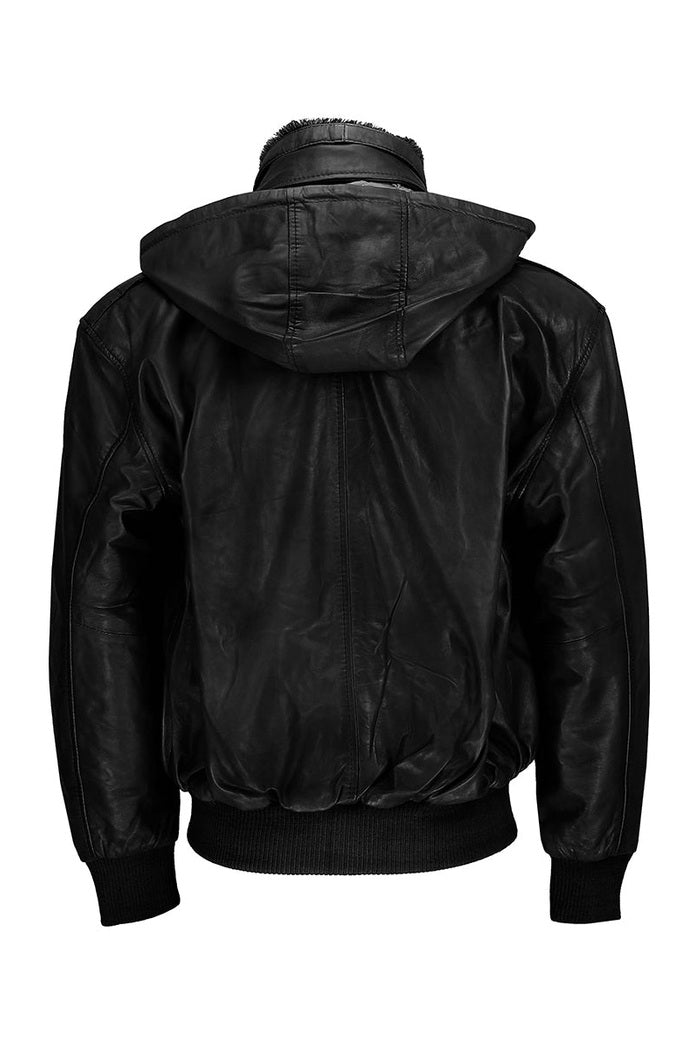 BOMBER FUR COLLAR LEATHER JACKET WITH HOOD