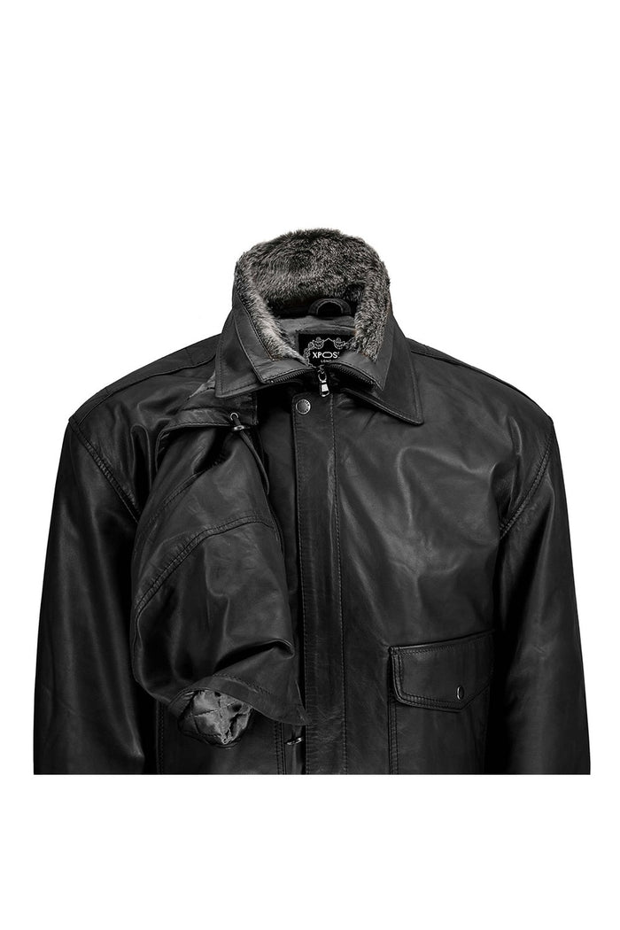 BOMBER FUR COLLAR LEATHER JACKET WITH HOOD