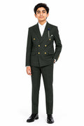 Boys Finley Olive Green Check Double Breasted 2 Piece Suit with Gold Buttons