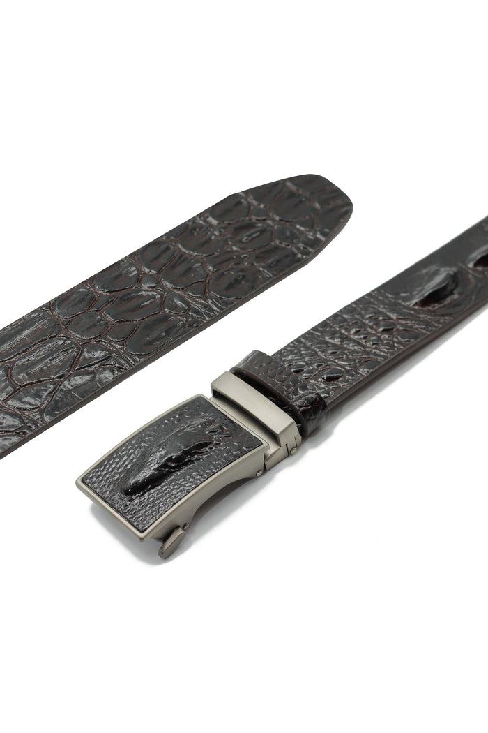 BROWN CROC PRINT LEATHER AUTO LOCK BELT