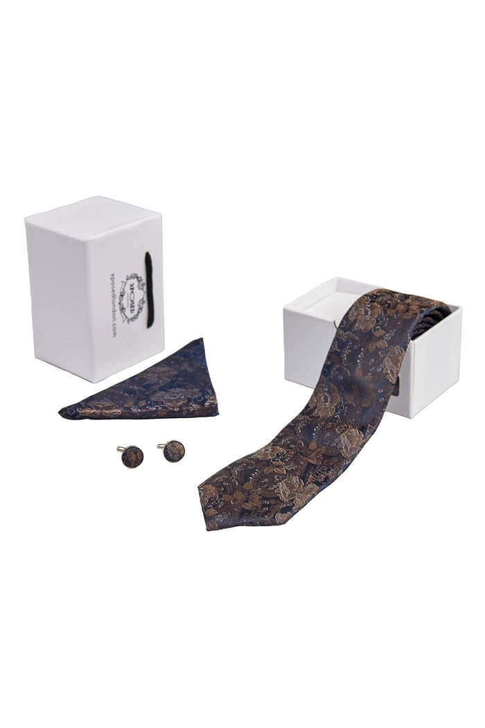 BROWN FLORAL FOLIAGE PRINT NECK TIE SET