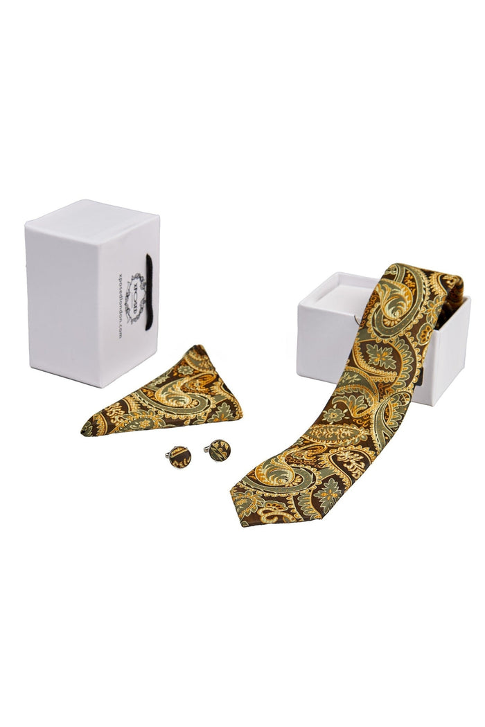 BROWN GOLD FLORAL PAISLEY NECK TIE SET