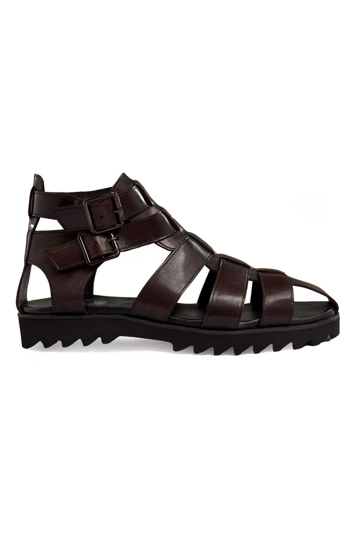 BROWN LEATHER CROSS STRAP SANDALS