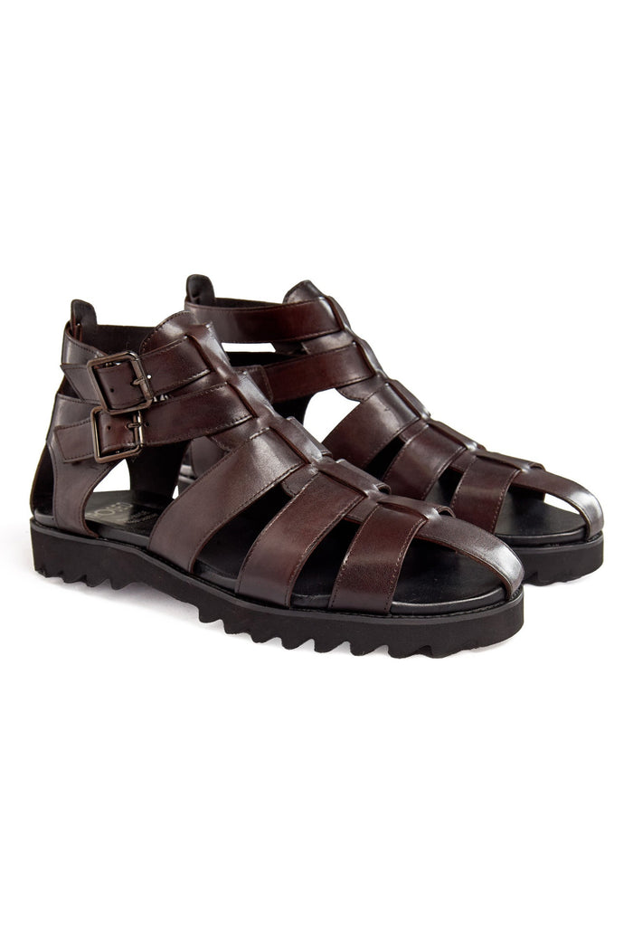 BROWN LEATHER CROSS STRAP SANDALS