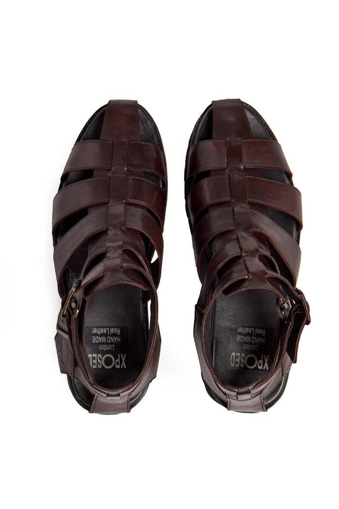 BROWN LEATHER CROSS STRAP SANDALS