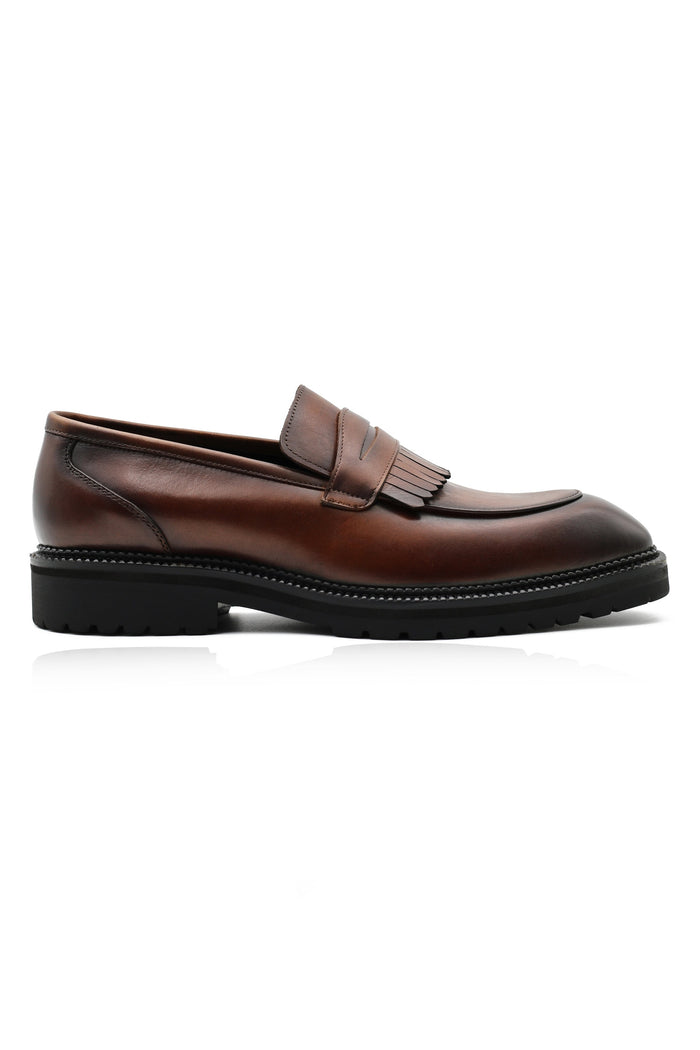 BROWN LEATHER PENNY LOAFERS WITH FRINGE